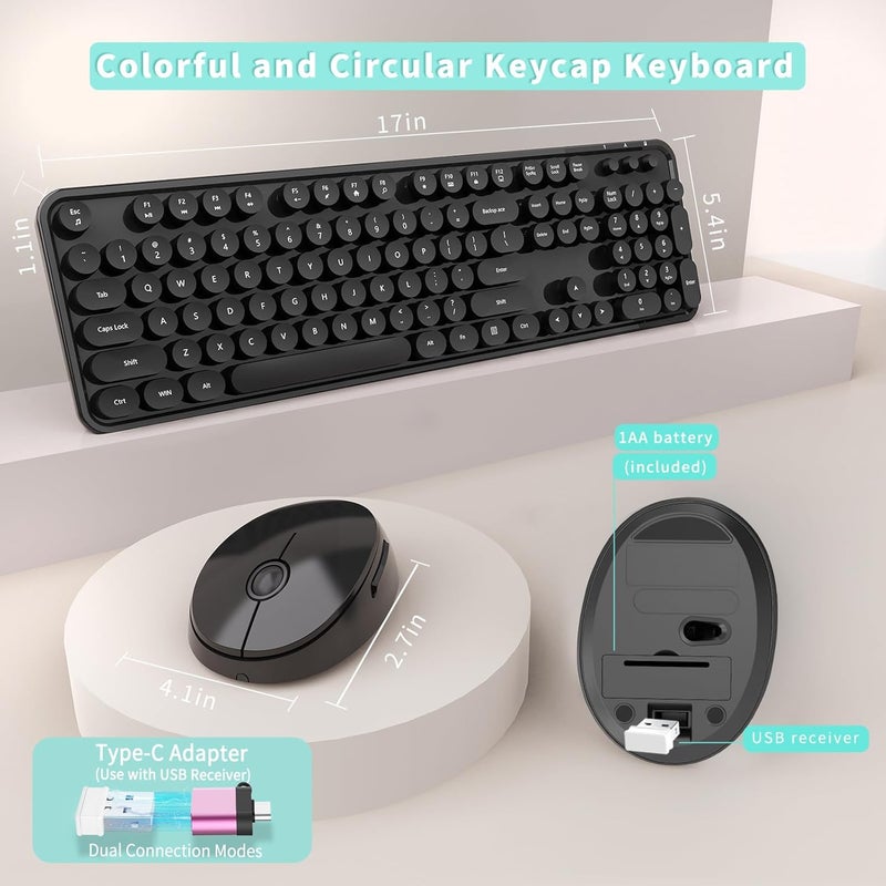 SkyGive Wireless Keyboard and Mouse Combo, Ergonomic Full Size Typewriter Retro Round Keycaps Keyboard, Compatible with Windows, PC, Perfer for Home and Office Keyboards (Black - Image 5
